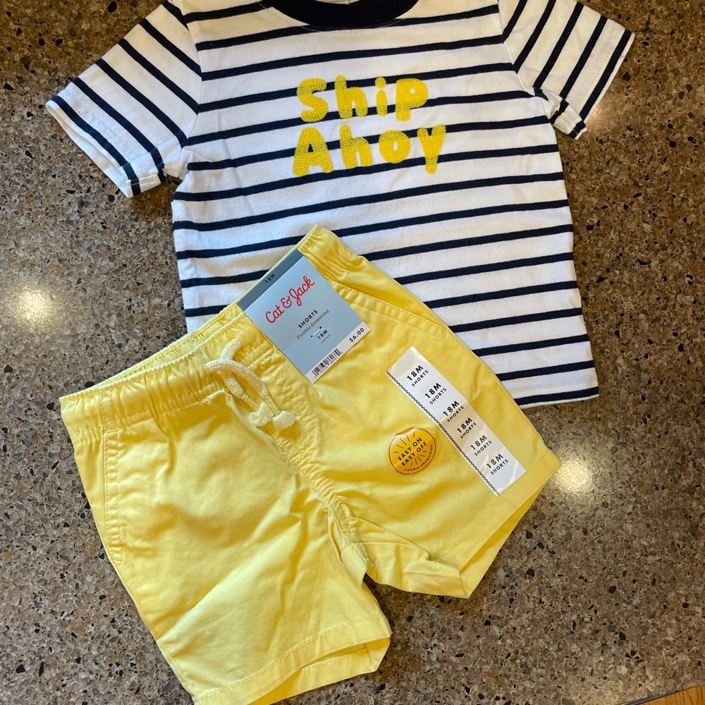 Janie and Jack Navy and Yellow Striped Shirt with Yellow Shorts